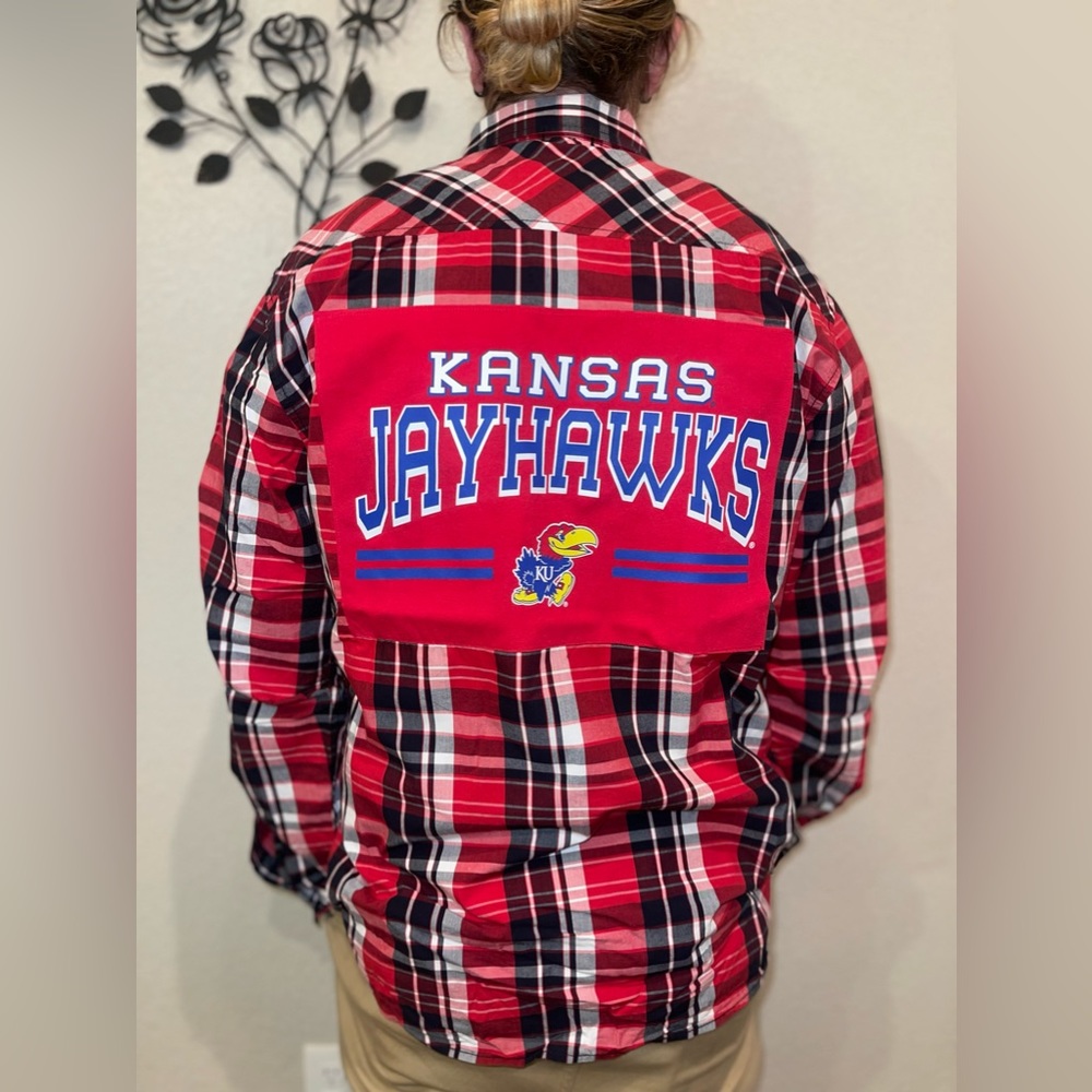 Custom Upcycled University of Kansas Jayhawk Button Up Size XL Unisex - Picture 1 of 9